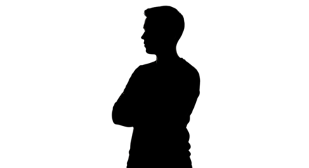 Black and white silhouette of a man with his arms crossed, looking forward.