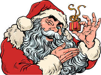 Fototapeta premium Pop Art Retro Santa Claus showing off a gift. New Year and Christmas are approaching with Santa Claus. Discounts on New Year's holidays and gifts.