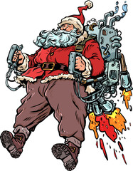 Pop Art Retro Santa Claus flies on his backpack. New Year and Christmas are approaching with Santa Claus. Discounts on New Year's holidays and gifts.