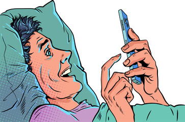 Pop Art Retro A man in bed staring at his phone. Technology and internet addiction. Special offers and promotions for customers.