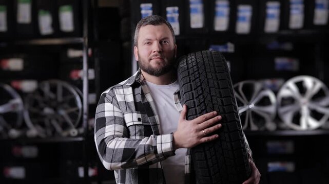 Happy Caucasian male holding car tire in auto repair shop with whees and tyre, dark background.