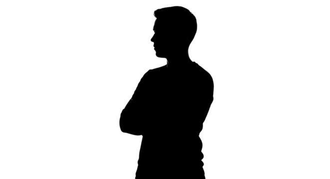 Black and white silhouette of a man with his arms crossed, looking forward.