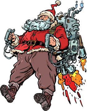 Pop Art Retro Santa Claus flies on his backpack. New Year and Christmas are approaching with Santa Claus. Discounts on New Year's holidays and gifts.