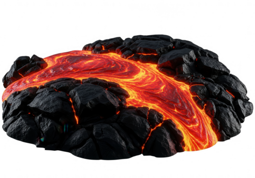 Molten volcanic lava flow amidst jagged dark rock formations, illustrating extreme geological heat and power