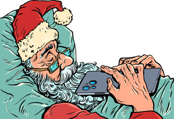 Pop Art Retro Santa Claus sleeps with his phone. New Year's Eve and the anticipation of the holidays. Special offers and promotions for Christmas gifts.
