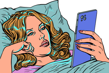 Pop Art Retro A woman in bed staring at her phone. Technology and internet addiction. Special offers and promotions for clients.