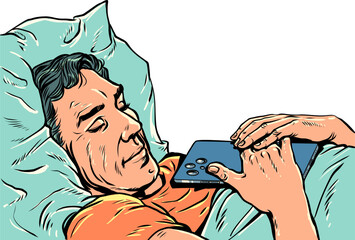 Pop Art Retro A man sleeps with a phone. Client anticipation and peace. Online data security on a mobile phone.