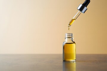Golden serum dropping from pipette into small glass bottle
