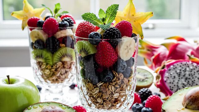 Colorful fruit parfaits with granola, fresh berries, kiwi, and tropical fruits