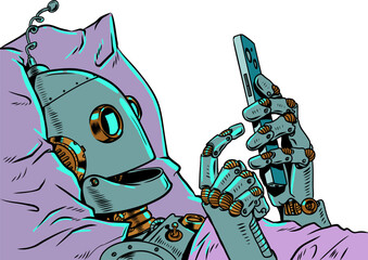 Pop Art Retro A robot in bed staring at a phone screen. The issue of personal data and information security. Selecting recommendations for users and clients.