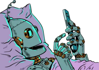Pop Art Retro A robot in bed staring at a phone screen. The issue of personal data and information security. Selecting recommendations for users and clients. © studiostoks