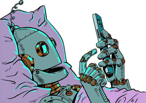 Pop Art Retro A robot in bed staring at a phone screen. The issue of personal data and information security. Selecting recommendations for users and clients.