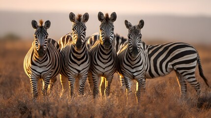 Naklejka premium Serene sunrise zebras a captivating wildlife portrait of connection and calm on the savanna