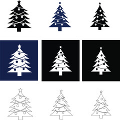 Obraz premium Modern Christmas tree vector icon set in multiple styles including flat, outline, silhouette, and dark background. Ideal for Christmas illustrations, winter themes, and seasonal design projects.
