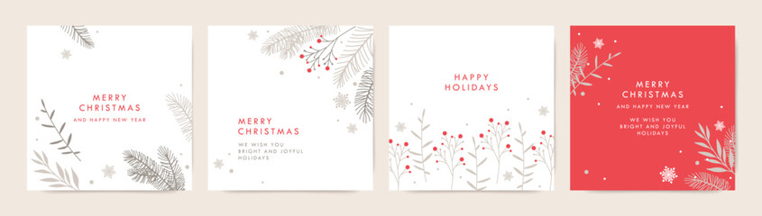 Christmas and New Year cards. Minimal vector illustrations for greeting cards, banners, web, social media, advertising