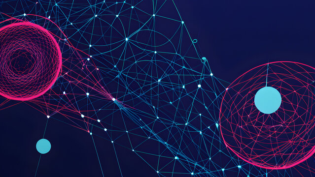 Modern Abstract Digital Data Network: Cyan Nodes & Pink Wireframe - Powered by Adobe