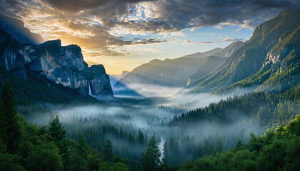 Fototapeta premium Majestic Yosemite Valley Landscape at Sunrise Mountains, Fog, and Forest Under Dramatic Cloudy Sky, Nature Photography.