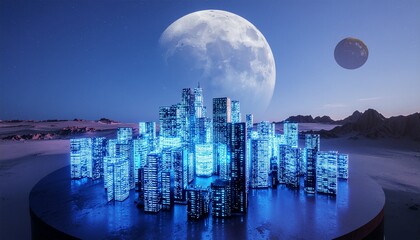 Futuristic Neon Cityscape on Alien Planet with Moons  SciFi Concept Art, Digital Illustration, Alien Landscape, Futuristic City