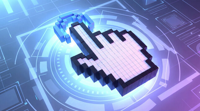 3D pixel computer mouse pointer arrow icon floating above a circuit board