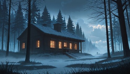 wooden cabin in snowy forest at night