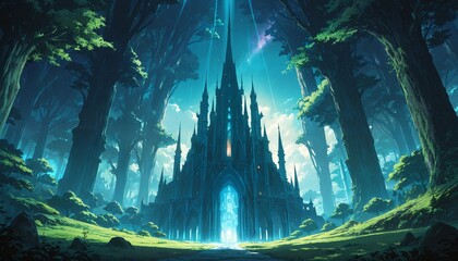 magical gothic cathedral in enchanted forest with glowing archway