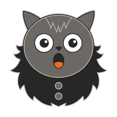 Cartoon gray cat face with wide eyes and surprised open mouth character