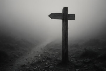 Solitary wooden cross signpost in a black and white image with one blank arrow pointing left along a rocky and foggy hiking trail or lonely mountain path