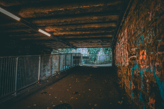 Dark underpass with graffiti, railing, and light leading to foliage.
