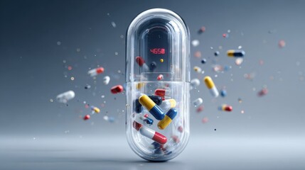 colorful capsules in bright surroundings, bright pills float in sleek studio setting, vibrant capsules suspended in studio lighting illustrating pharmaceutical progress and scientific exploration