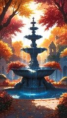fountain in autumn park with colorful trees and water flowing