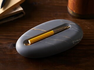 Smooth stone ashtray holding a cigarette on a wooden surface