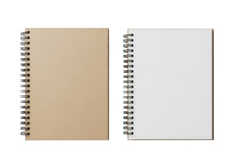 Two spiral notebooks isolated on a background, one kraft cover, one blank white page, top view.