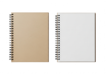 Two spiral notebooks isolated on a background, one kraft cover, one blank white page, top view.