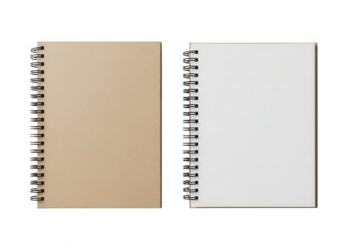 Two spiral notebooks isolated on a background, one kraft cover, one blank white page, top view. - Powered by Adobe