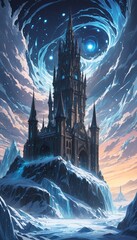 frosty gothic castle under cosmic sky with stars and nebula