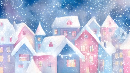 Charming winter town illustration cozy homes snow twinkling lights evoke joyful holiday memories