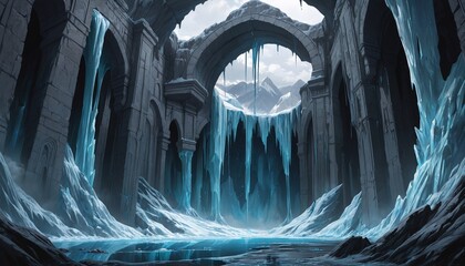 frozen ancient temple with icy arches and waterfall backdrop