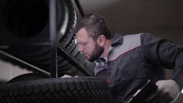 Portrait Caucasian male mechanic inspecting tires in workshop.
