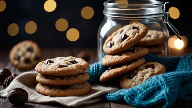 Video Freshly baked chocolate chip cookies in a glass jar, perfect for snacking or gift-giving