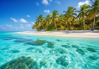 Tropical paradise beach with turquoise water and palm trees on a sunny day