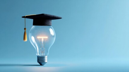 A light bulb adorned with a graduation cap represents the fusion of creativity and education. The vibrant blue background highlights the importance of innovative thinking in learning.