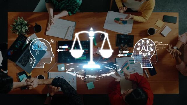 A group of professionals collaborates around a table, focusing on the ethical implications of AI and machine learning, represented by graphics of brains and justice scales. Raster