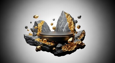 Luxury product display podium with golden accents and floating rocks for cosmetic presentation