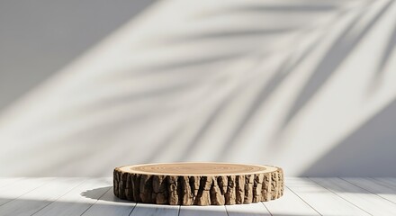 Wooden pedestal display with palm leaf shadow for product presentation and mockups