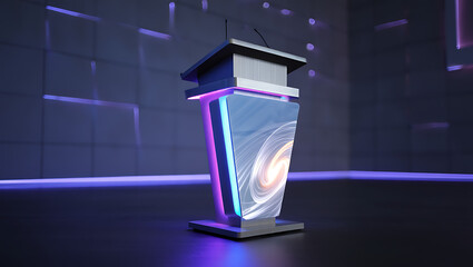 Modern futuristic podium with vibrant neon lights and abstract background
