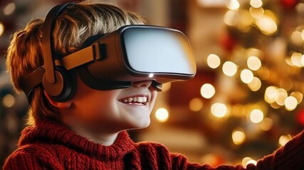 Excited child experiencing immersive virtual reality with a VR headset, smiling happily with a decorated Christmas tree with glowing bokeh lights blurred in the warm background