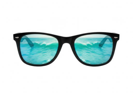 Classic black sunglasses with vibrant blue ocean waves reflecting in lenses, summer vacation concept.