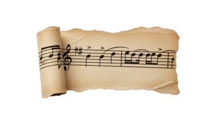 Vintage music sheet scroll antique musical notes parchment paper composition melody classical score sheet music on transparent background