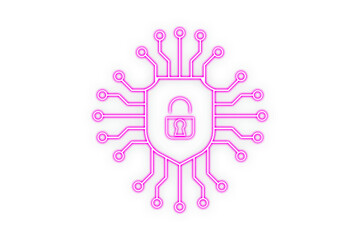 Pink cyber security circuit shield with lock icon symbolizes digital protection. Modern minimal vector design for technology, privacy, and encryption themes. Ideal for secure network, data safety, 