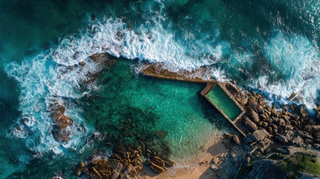 Vivid turquoise water and frothy white waves surround a rocky outcropping with a tidal pool. The sunlight reflects off the water, showcasing the dynamic coastal landscape.